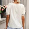 Summer Short Sleeve Tops Jacquard V-neck Lace Women Blouses Casual Hollow Elegant White Shirt Solid Vintage Korean Shirts 25718