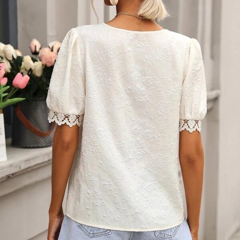 Summer Short Sleeve Tops Jacquard V-neck Lace Women Blouses Casual Hollow Elegant White Shirt Solid Vintage Korean Shirts 25718