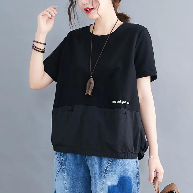 Kadın Modası Tişörtler Düz Renk Patchwork Günlük Tişört Sanatsal Bol Kısa Kollu Oversize Üstler Yaz Trendi Tişört