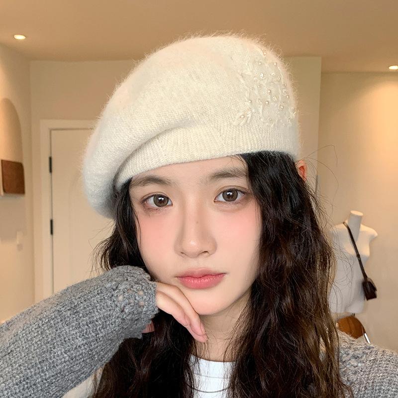 Rabbit Down Pearl Knitted Beret Female Autumn and Winter Painter Hat Warm Wool Hat Winter Hats for Women, Beanies for Women, Hats for Women Winter
