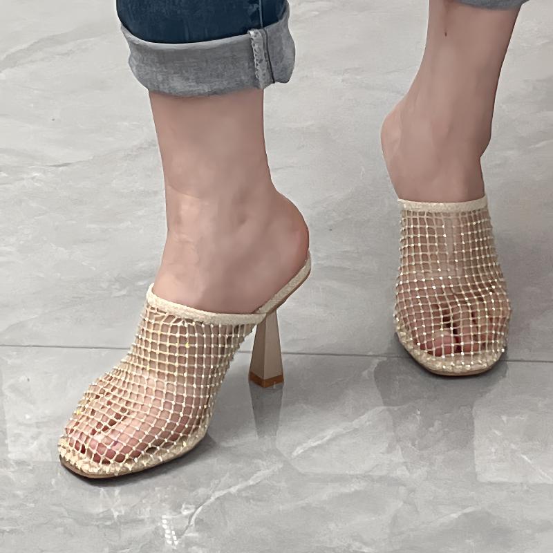Fashion Bao Head Stiletto Heels Women's Fashion Square Head Deep Mouth Sequin Mesh Cloth Cover Foot Anti-slip Wear-resistant Slippers