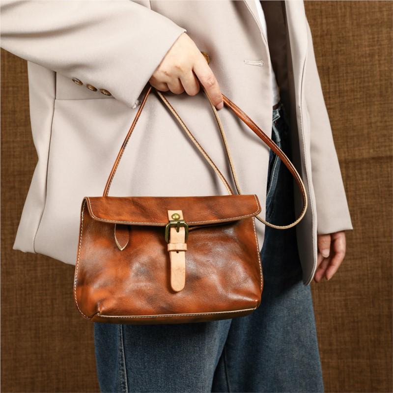 Johnature Echte Leder Damen Tasche Retro Handgemacht Weiches Rindsleder Mini Vielseitig Schulter Crossbody Tasche