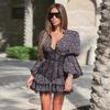 Floral Print V-Neck Long Sleeve Bubble Sleeve Wrap Dress with Ruffled Hem