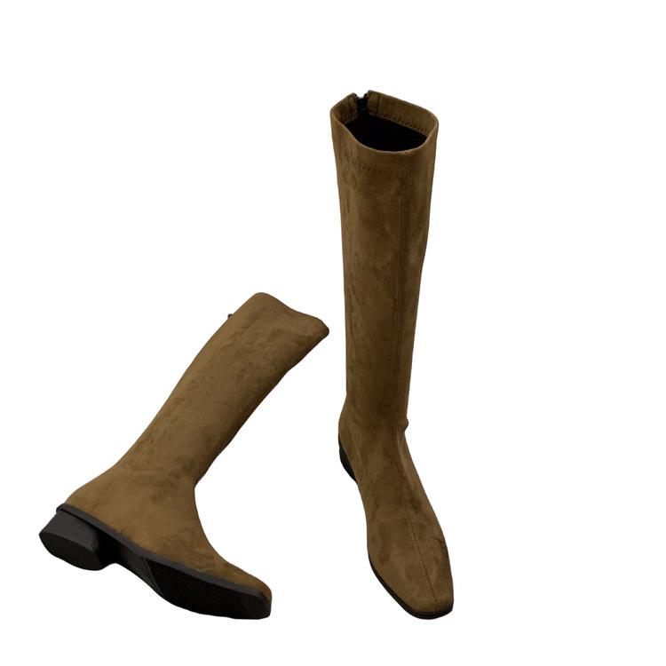 Semišové tenké dlouhé kozačky na silném podpatku se špičatou špičkou dámská obuv 2025 nové podzimní a zimní korejská verze dlouhé kozačky středně vysoké jezdecké kozačky