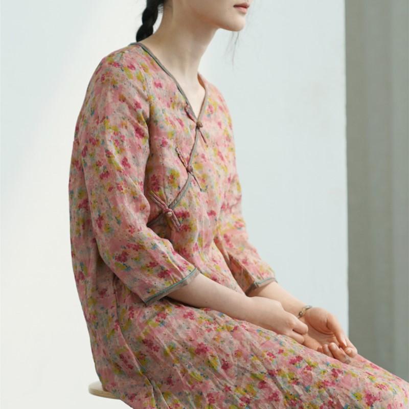 Johnature Women Vintage Dress V-Neck Print Floral Button Dresses Summer Chinese Style Female Dress