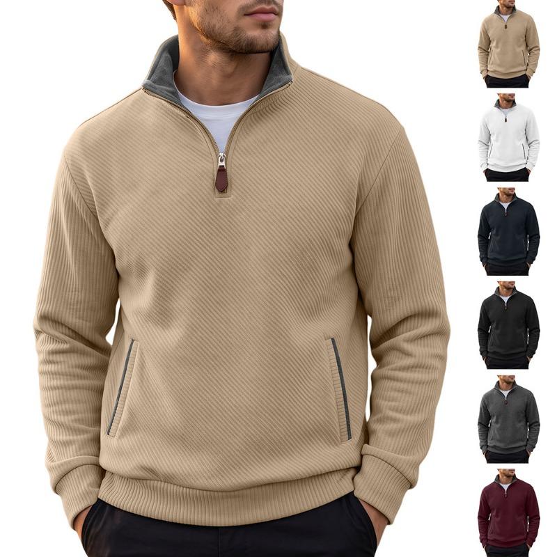 Men S Jacquard Stand Collar Pullover Sweatshirt With Zipper Pocket