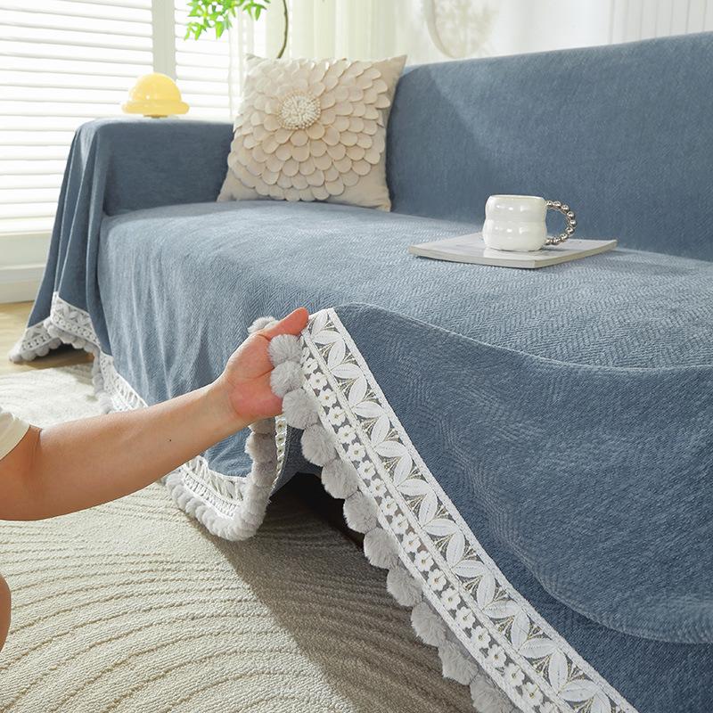 Fischgräten-Samt-Chenille Monochrom Sofa Überwurf Gepolstert Kunstpelz Pompon Rand Loveseat Schutz Ganzjahreszeit Geeignet Gemütlich Weiche Haptik 180x130cm