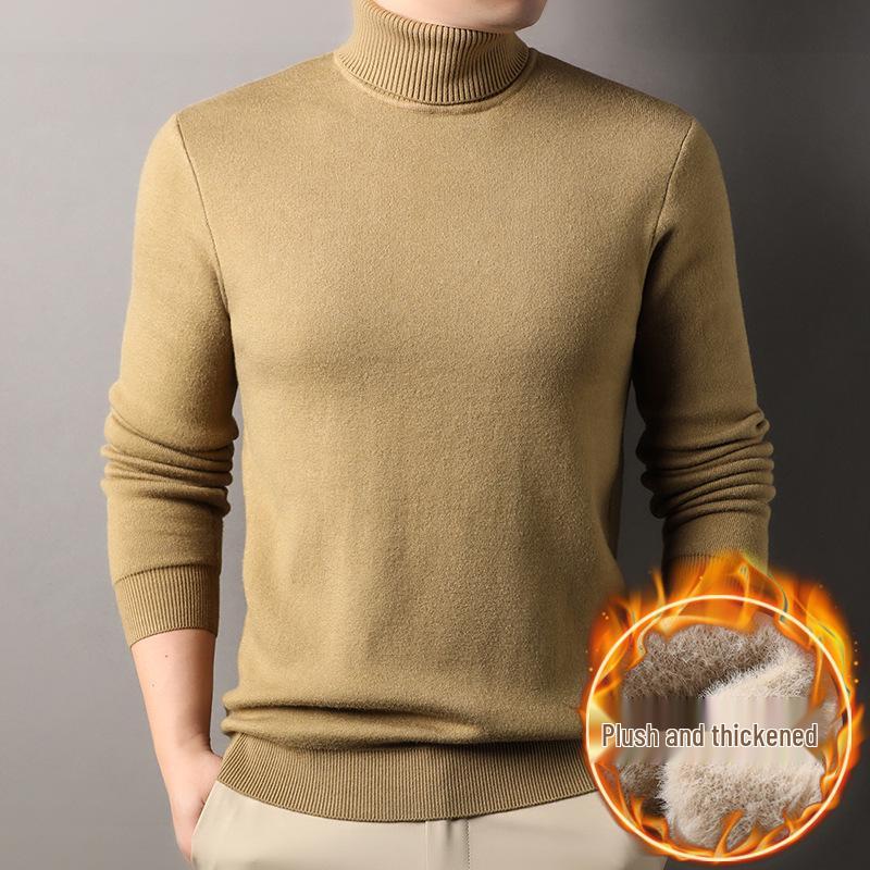 Men's Fashionable Thick Knit Pullover with Double-Fold High Neck, Fleece-Lined for Warmth, Solid Color, Perfect for Middle-Aged and Young Adults.