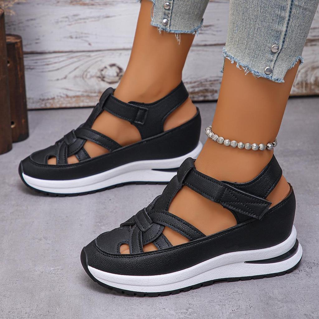 Summer Platform Breathable Women's Velcro Sandals - Hollow, Closed-Toe, Large Sizes Available