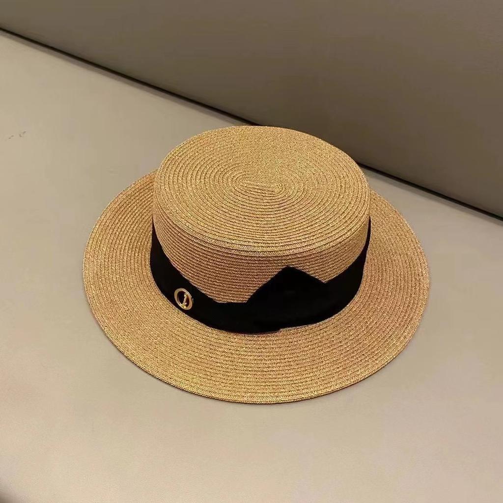 Simple temperament bow flat top hat women's elegant sun hat travel versatile British top hat straw hat