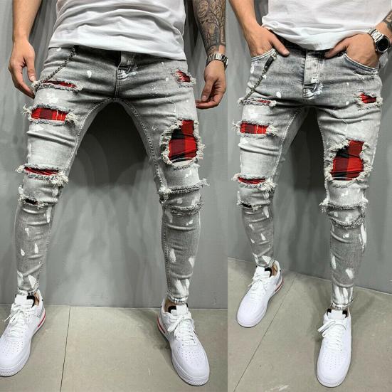 Fashion Men Solid Color Patchwork Skinny Fit Ripped Jeans Stretch Denim Pants