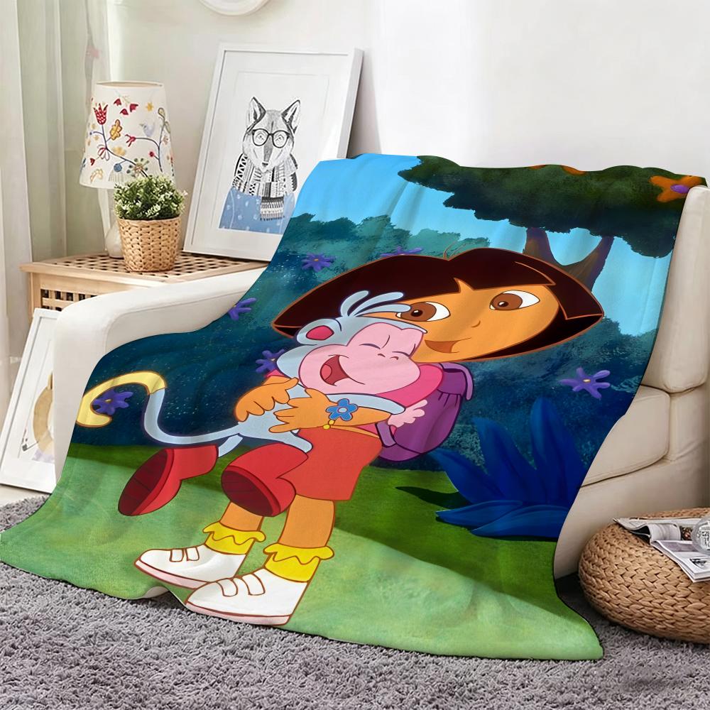 2DHand drawn Cartoon D-Dora the Explorer Throw Lightweight 240g Flannel Blanket Soft Skin-friendly for Summer Cooling