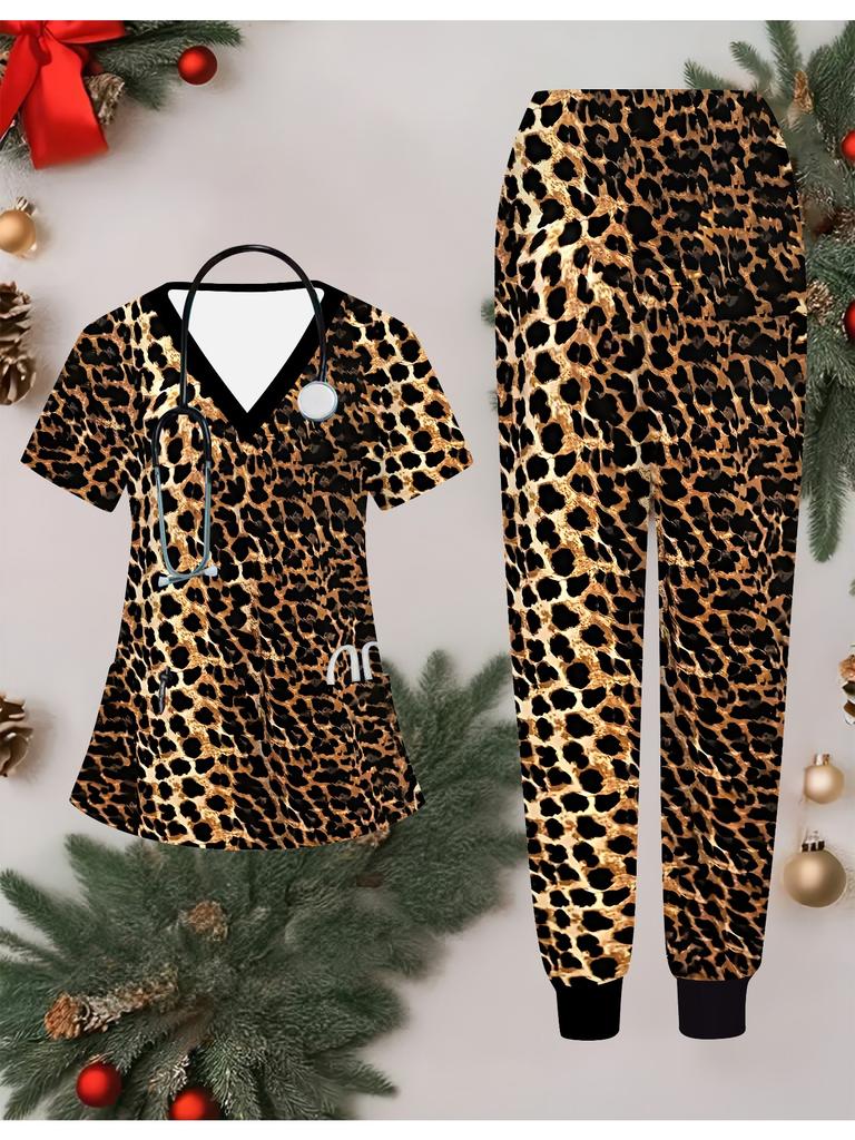 3D Leopard Print Printed Women's Nurse Uniform Set Short Sleeve Long Pants with Pocket Casual Fashionable Christmas Gift