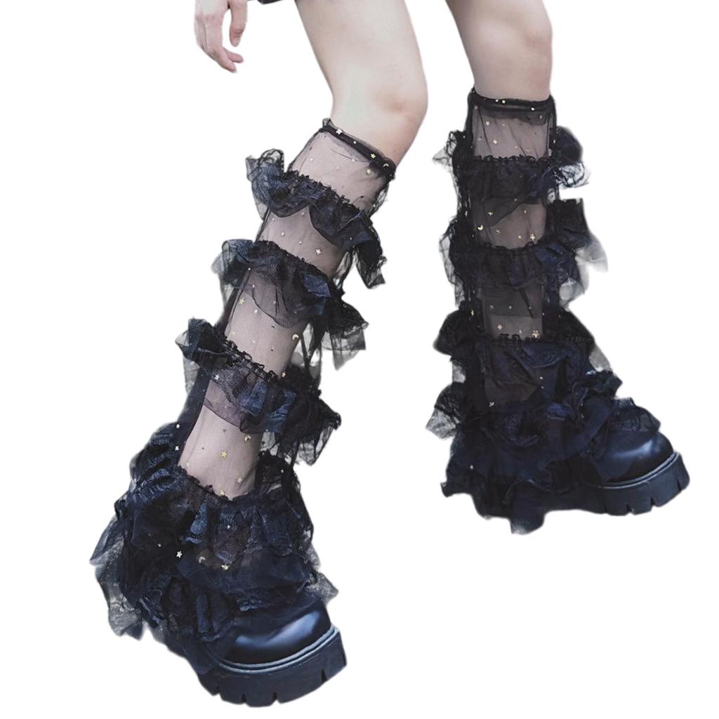 Women's Ruffle Lace Leg Warmer Cute Sheer Mesh Leg Sleeves Sweet Knee Highs Socks Baggy Cuffs Leg Cover Boot Socks