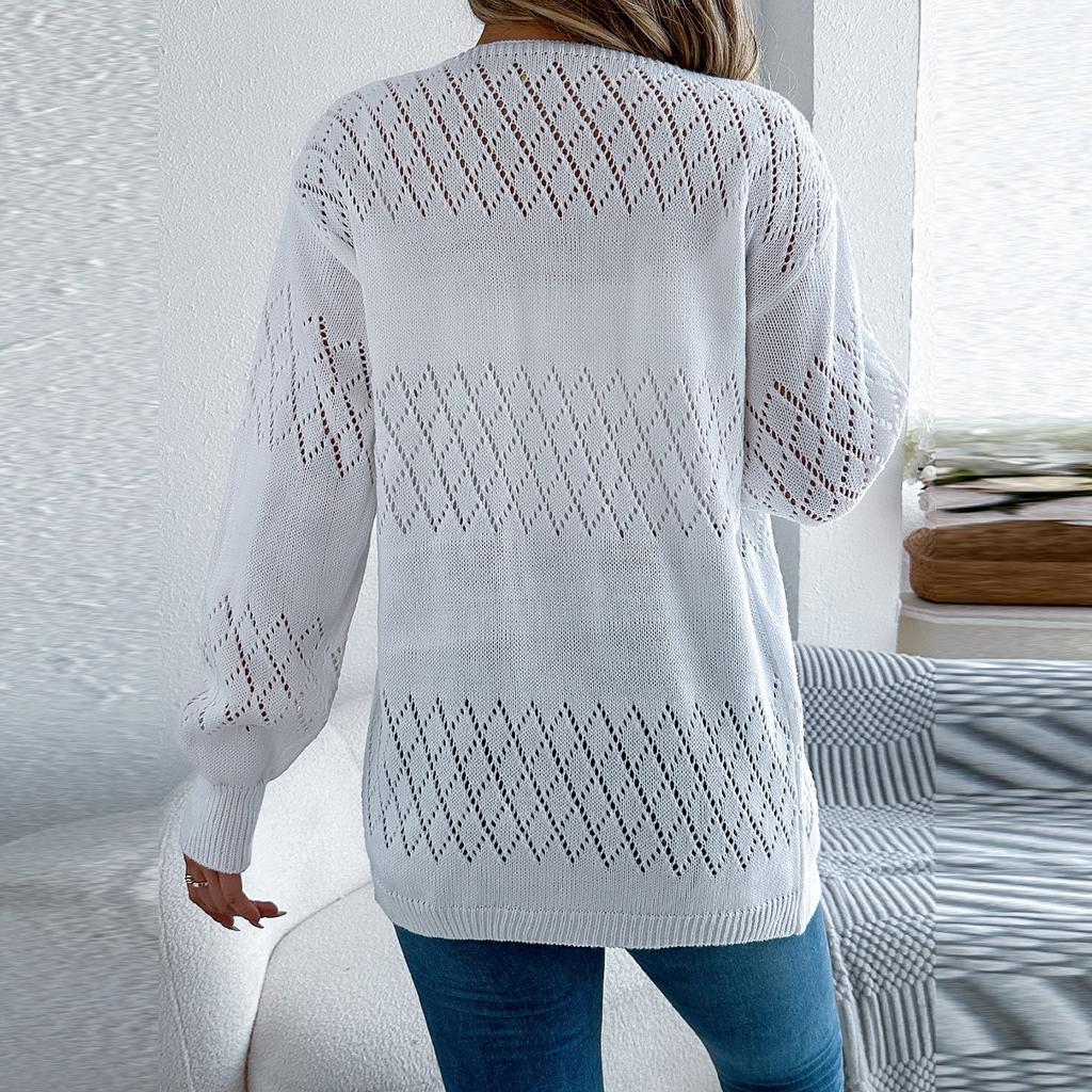 Women's Casual Solid Color Hollow  Long Sleeve Cardigan Mid-Length Sweater Jacket