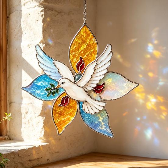 DIY Hanging Ornament Supplies Christian Suncatcher Kit, Stained Glass Style Religious Sun Catcher, Customizable Spinner Art Iridescent for Window