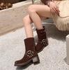 Mu Frosted Leather Retro Western Mid-Tube Boots – Autumn/Winter Thick Heel Knight Martin Style with Rubbed Colors