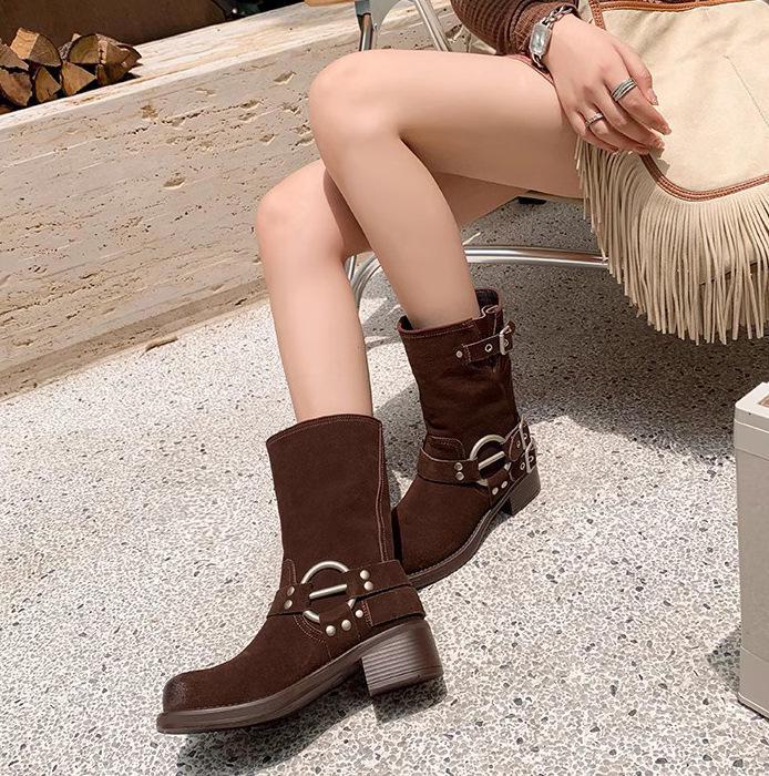 Mu Frosted Leather Retro Western Mid-Tube Boots – Autumn/Winter Thick Heel Knight Martin Style with Rubbed Colors