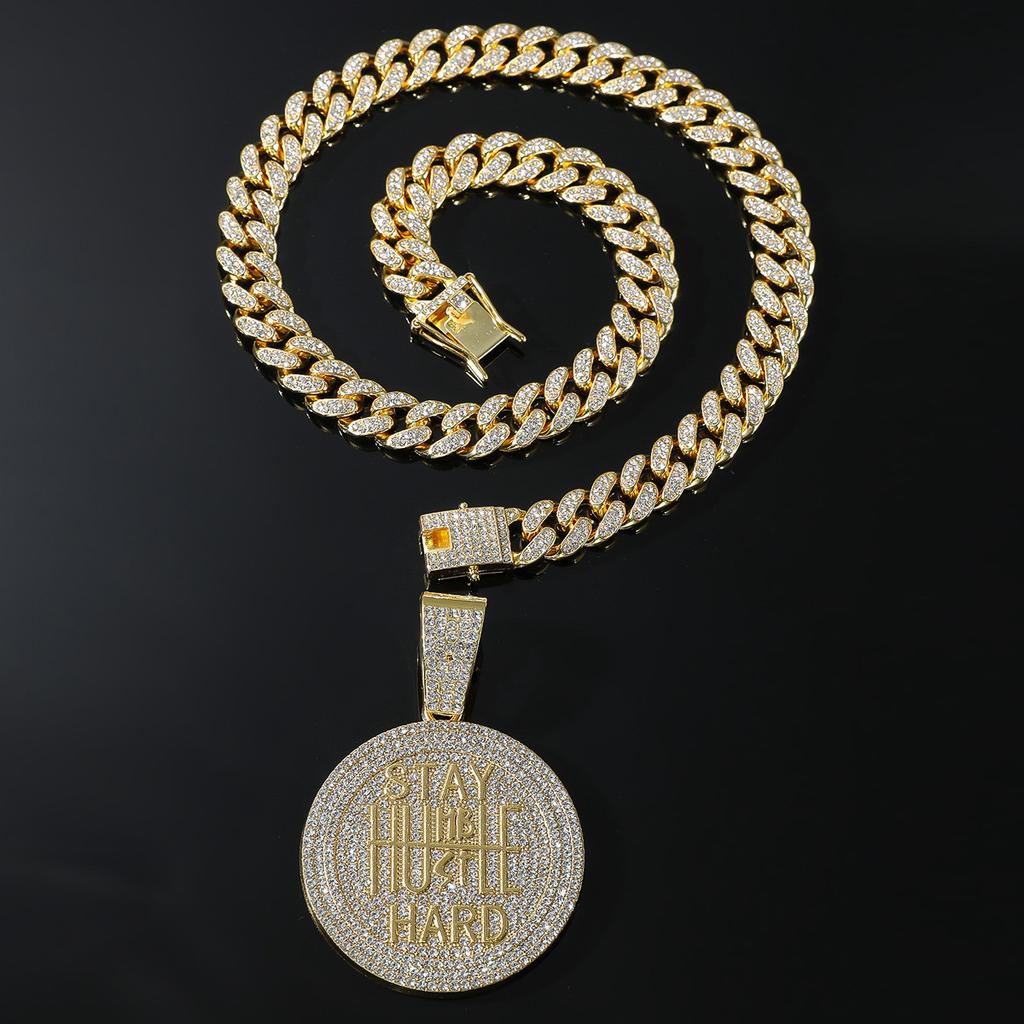 Full Diamond Keep Calm Letter Cuban Chain Pendant, European and American INS Style Hip Hop Pendant Necklace Men's Trend Jewelry