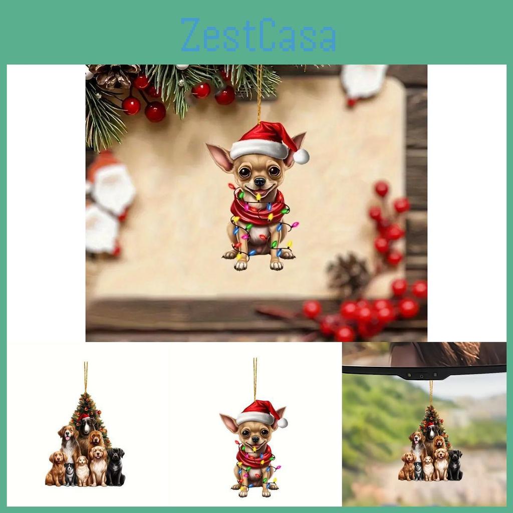Charming 2d Acrylic Cartoon Christmas Dog Car Ornament For Festive Interior Decoration