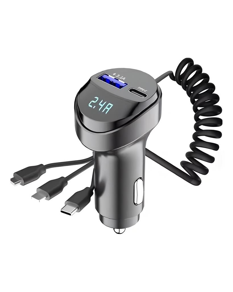 3in1 Car Bluetooth 5.0 FM Transmitter Audio MP3 Player 55W Fast Charging Car Charger with Retractable Cable Voltmeter 3.1A USB Type C Phone Charger