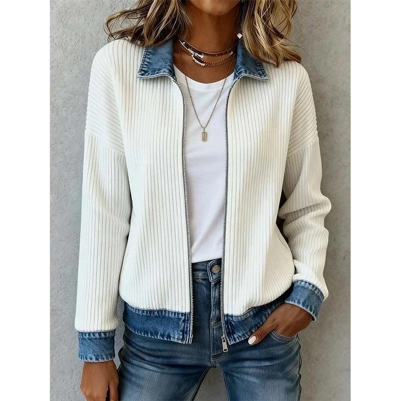 Women S Long Sleeve Knit Denim Patchwork Cardigan Coat Casual