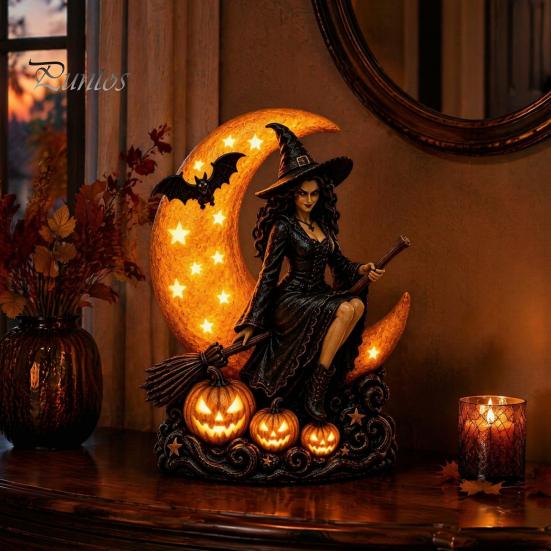 Handcrafted Resin Ornament Halloween Witch Lamp, Gothic Crescent Moon LED Night Light, Tabletop Statue Spooky Decorative Table Lamp for Bedroom