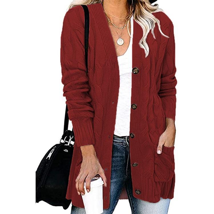 Women's V-Neck Button Front Knitted Cardigan with Pockets, Casual Long Sleeve Open Front Sweater (12 Colors)
