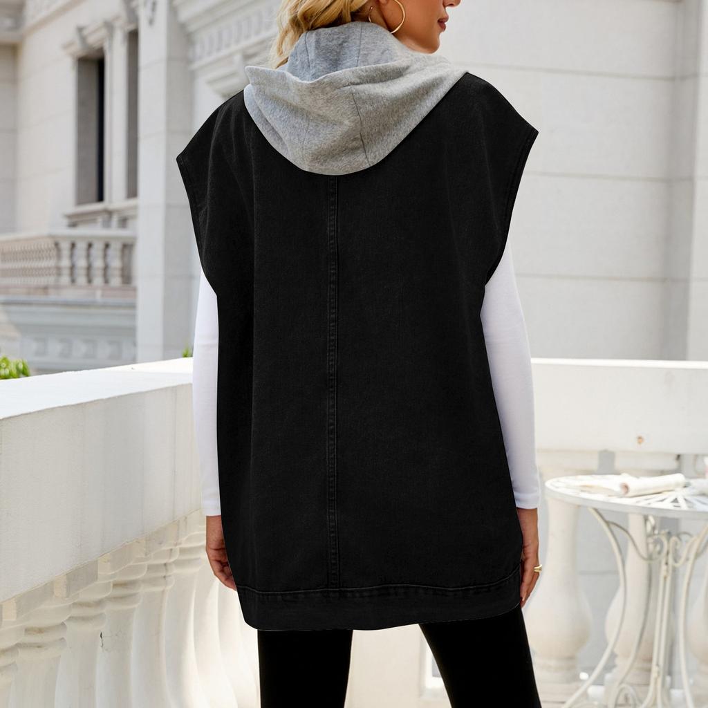 Women's Casual Loose Vintage Denim Vest Hooded Jacket