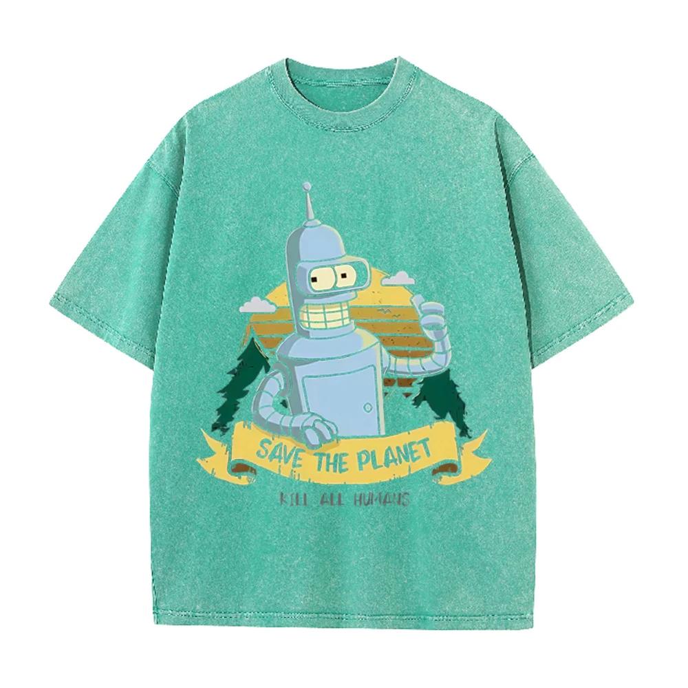 2026 New Hot Fashion Save The Planet Kill All Humans Funny Tops Robot Print Summer Tshirts Men Women Short Sleeve Cotton Tops