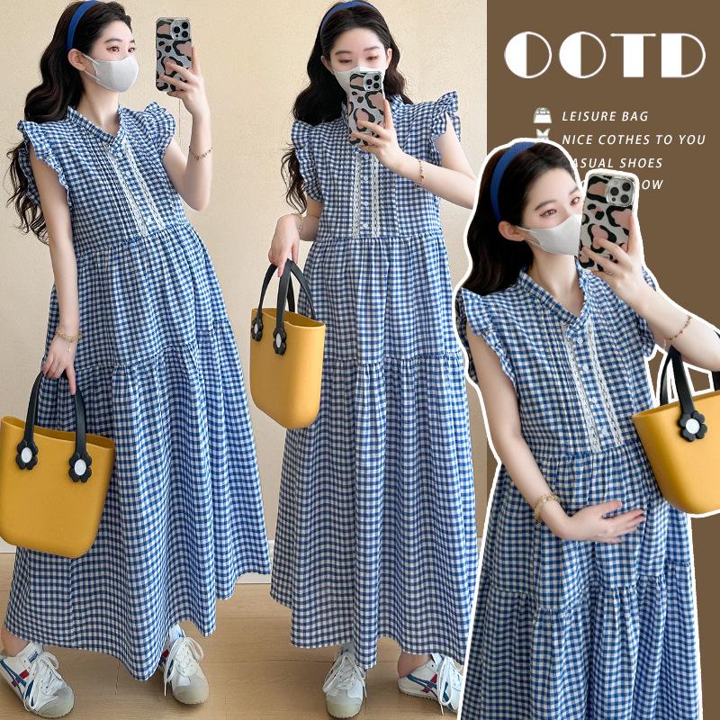 2026 Summer Fashionable Plaid French Puff Sleeve Maternity Maxi Dress 2XL