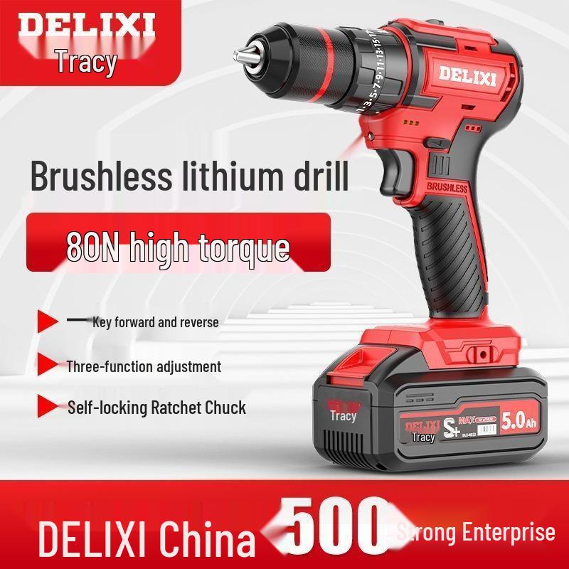 Delixi Brushless Handheld Lithium Battery Drill and Electric Screwdriver with Impact and Rechargeable Features for High-Power Household Use.