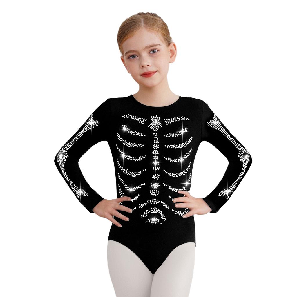 Dětský overal kostlivec Lesklé kamínky Dlouhý rukáv Kulatý výstřih Zapínání na druky v rozkroku pro Cosplay Halloween Maškarní večírek