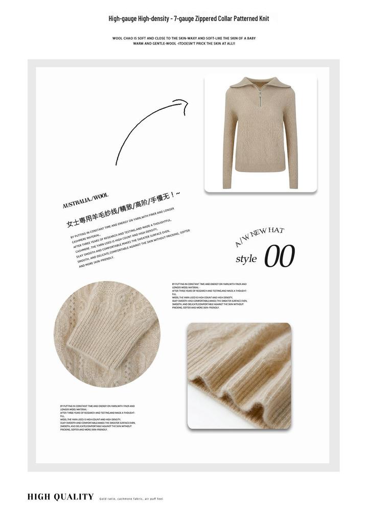 100% Wool Lapel Half-Zip Hollow Out Knitwear, Long Sleeve, Women's Thickened Base Layer for Autumn/Winter 2025
