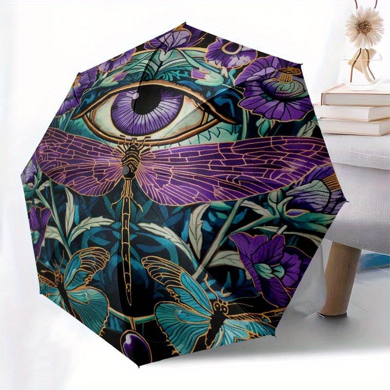 Enchanted Garden: Dragonfly & Eye Tapestry Umbrella, Cute Umbrella with Cute Design, Portable 3-Fold Compact Umbrella for Men & Women, Valentine's Day