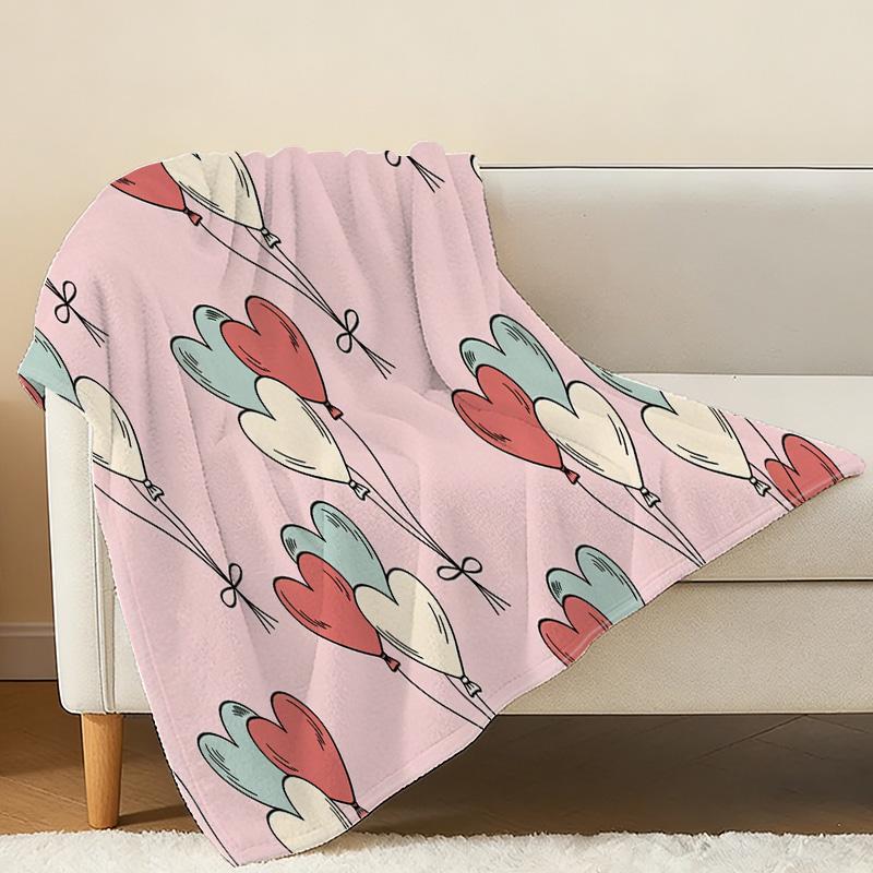 Thick Warm Flannel Throw Blanket - Soft Cozy Skin-friendly Heart Balloon Pattern, Ideal for Guest Room Single, Home Decor, Christmas & Halloween