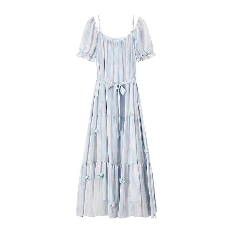 

Xiangying Flower Story Blue Tie-Dye Off-Shoulder Puff Sleeve Midi Dress L