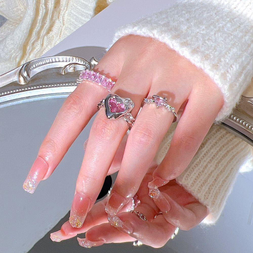 Y2K Pink Crystal Irregular Heart Ring Vintage Shiny Zircon Opal Love Open Ring for Women Kpop Punk Girl Party Jewelry Gifts 2023