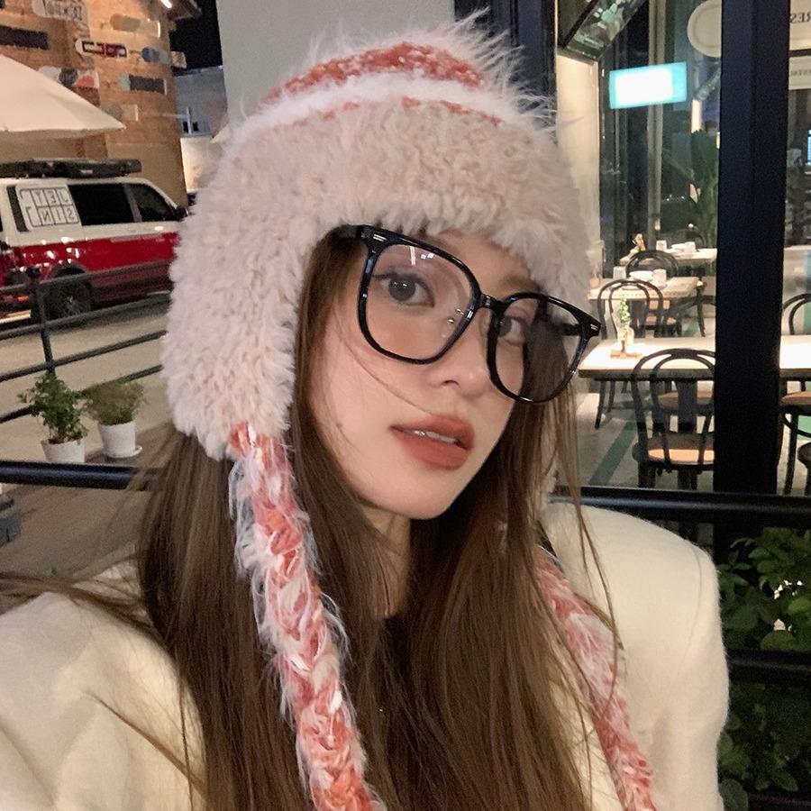 Winter Striped Splicing Knitted Wool Hat Autumn and Winter Women's Thickened Warm and Cold Ear Protector Pullover Hat