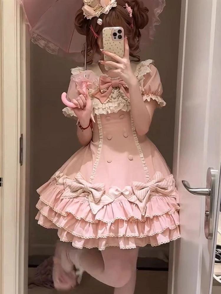 Japanisches Sweet Lolita Kawaii Elegantes Kleid Damen Prinzessin Y2k Schleife Fake Zweiteiler Kleider Weiblich Korea Stil Design Schicke Outfits