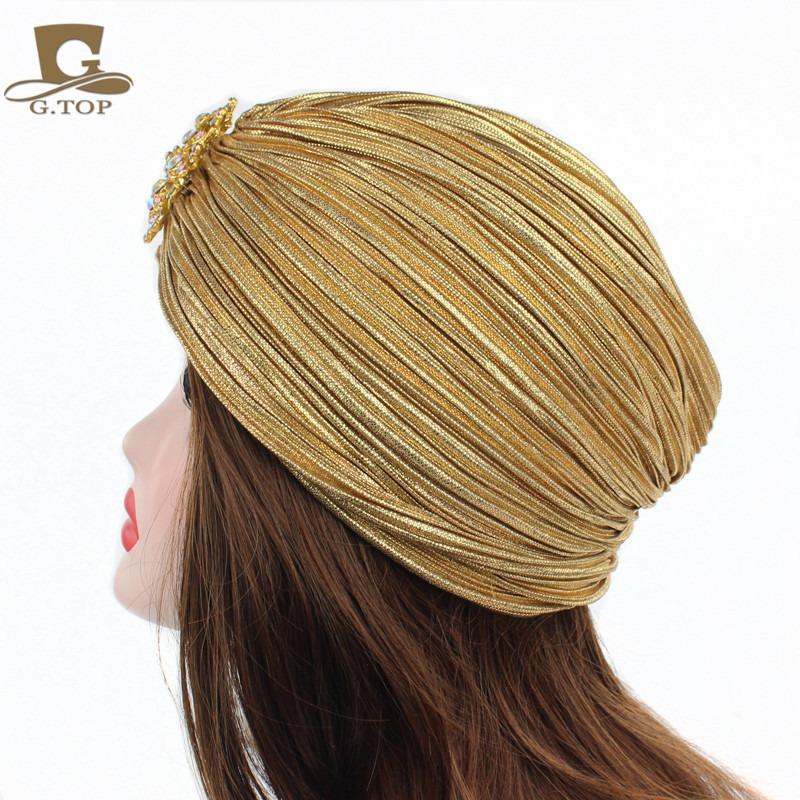 Noble gold pleated Indian hat headscarf hat with gold brooch accessories TJMG warm