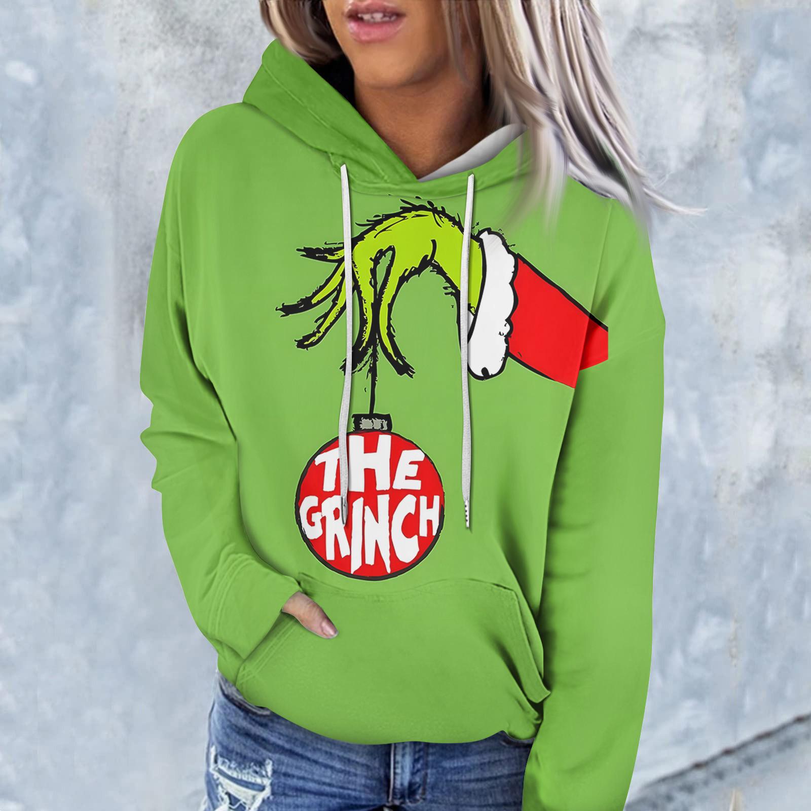 

Женская модная повседневная толстовка с длинным рукавом и рождественским принтом XL зелёный