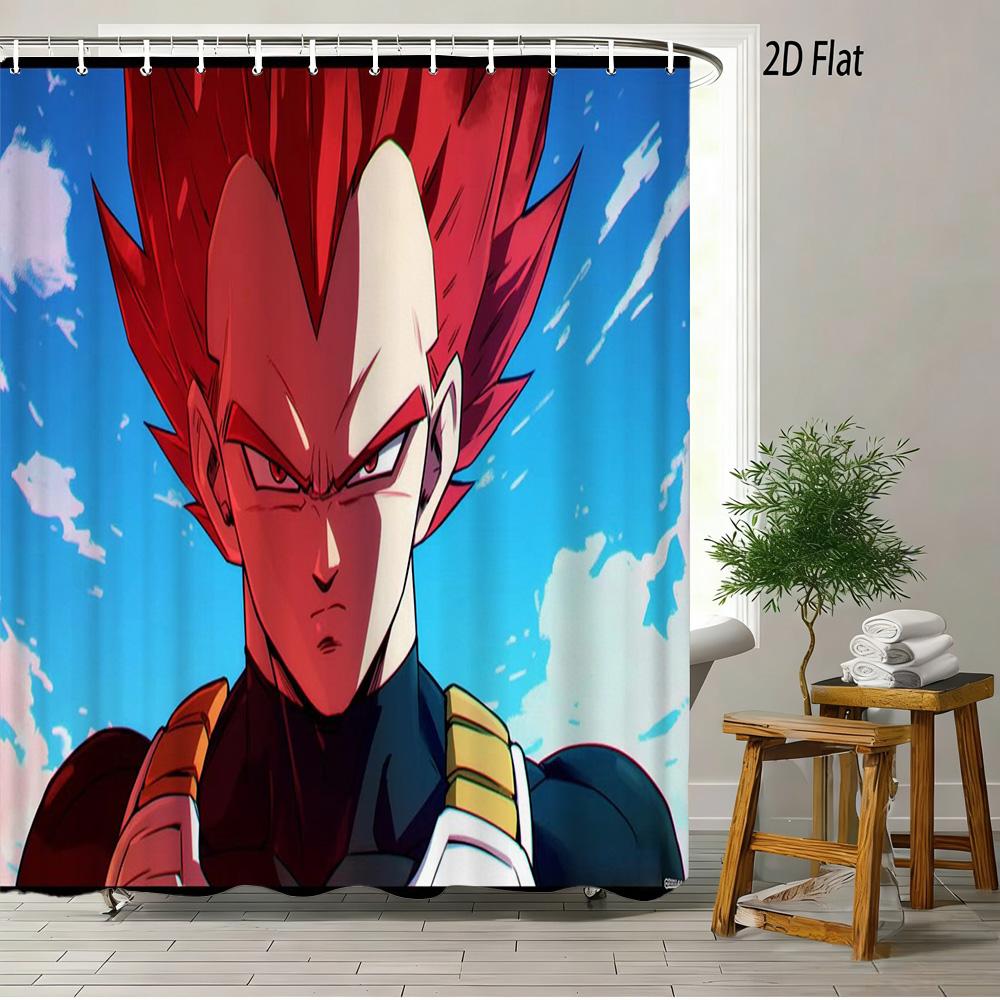 Dragon Ball Z Vegeta Super Saiyan Rüstung Szene 2D Druck Wasserdichter Duschvorhang, Retro Körniger Türkisblauer Himmel Hintergrund mit Ikonischem S
