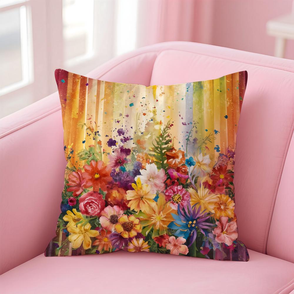 Bright Gorgeous Anime Stunning Colorful Floral Cushion Cover Linen Pillowcase Cover Soft Decor for Sofa Home Room
