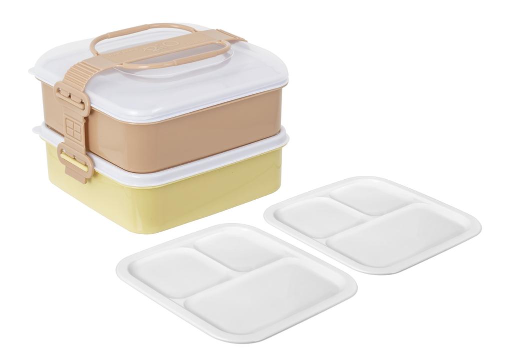 Sanko Plastic Rio Pack Lunch with 2 Side Earth W x D x H Box/Picnic Case, 2-Tier, Plates, Beige, Approx. 8.2" 7.7" 5.8"