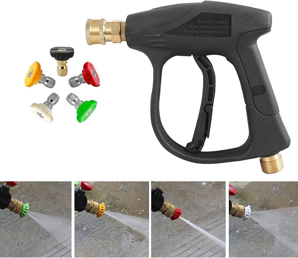 YUET Hochdruckreinigerpistole mit 5 Sprühdüsen, 4350 PSI, 1/4 Zoll Schnellkupplung, Autowaschpistole, Kurze Power-Sprühpistole, M22 Metrisches Gewinde, Auto Cl