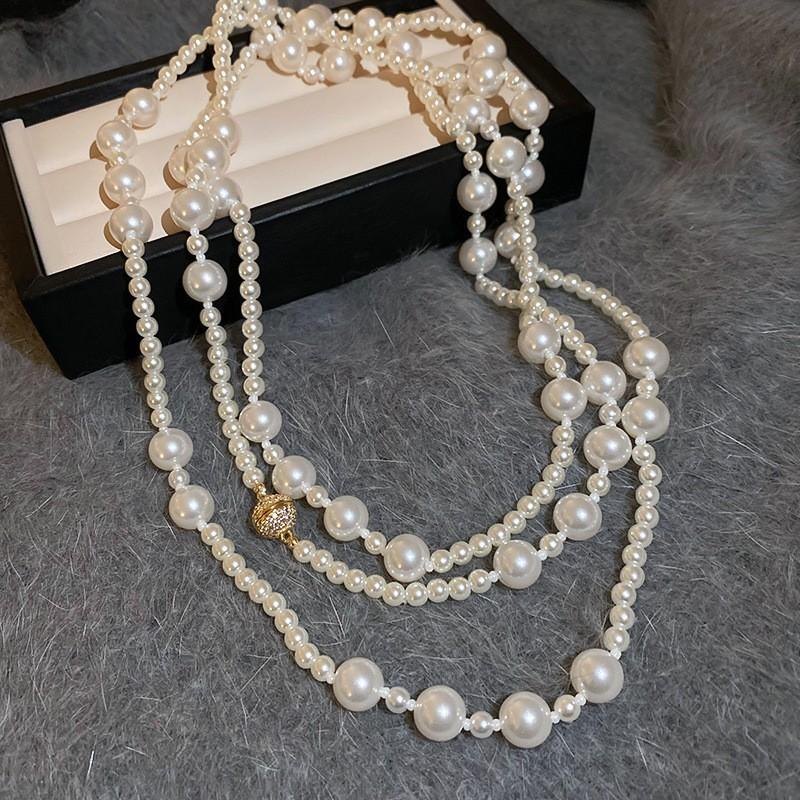 Diamond Water Drop Pearl Beaded Necklace Autumn and Winter French Light Luxury Sweater Chain Fashionable Versatile High-end Jewelry