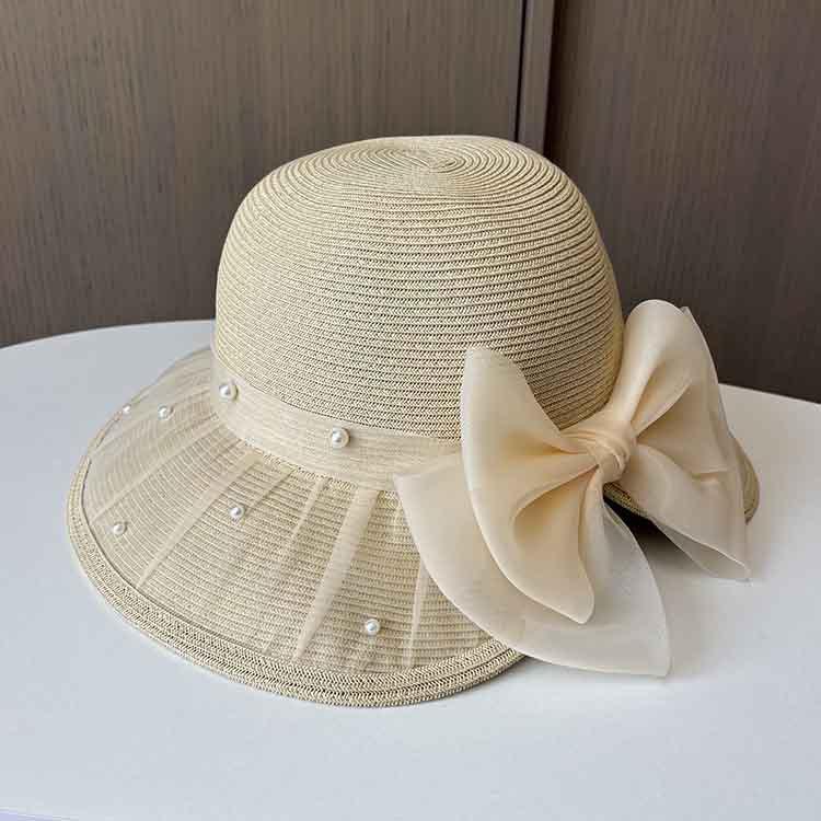 Lace Bead Split Bow Straw Hat Women's Summer Elegant Basin Hat Big Along Beach Sun Hat