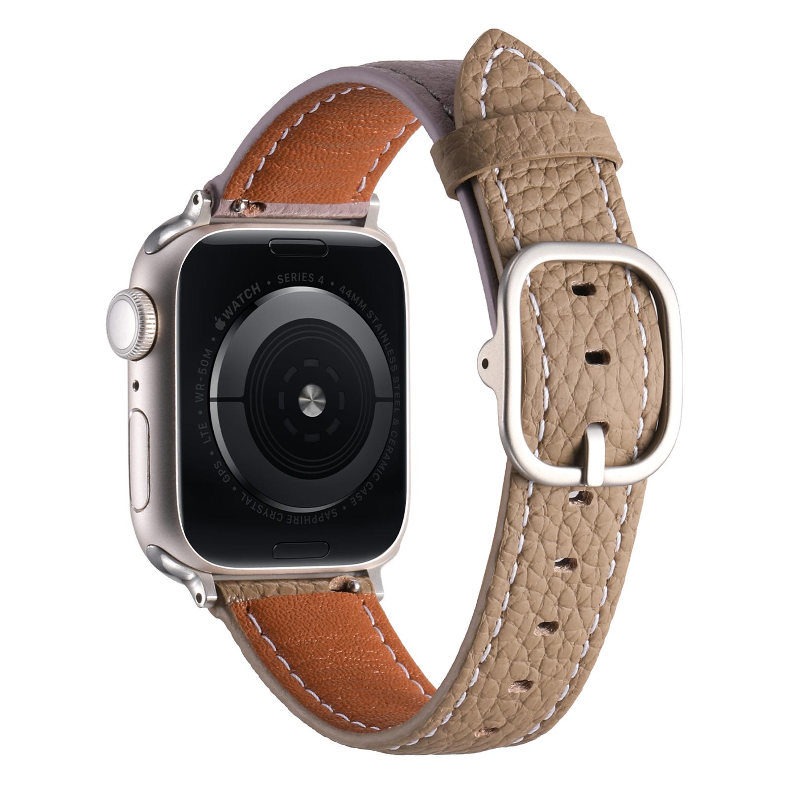 

Watch Band for Apple Watch Series 10 9 8 7 SE 6 5 4 3 2 1 42mm 41mm 40mm 38mm Litchi Texture Genuine Cow Leather Strap Purple/Khaki