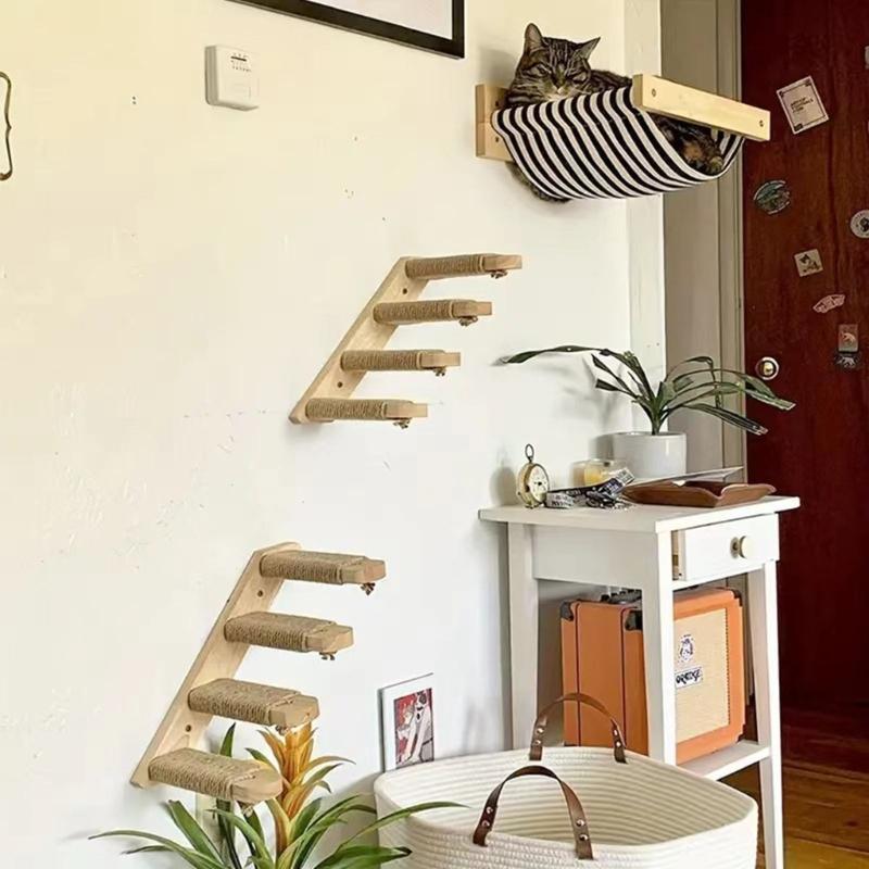 Natural Wood Cats Climbing Ladder Wall Mounted Space Efficient Design Activity Toy For Small Home And Pet Entertainment